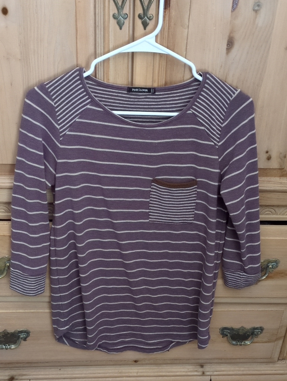 Pink Clover Mauve & Cream Striped 3/4 Sleeve Pocket Tee